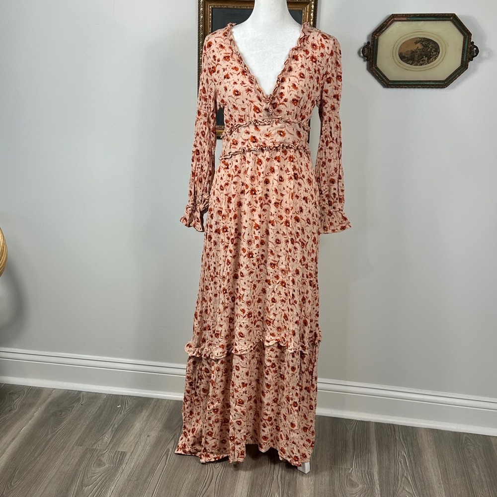 Pink Lily Orange Floral Maxi Dress - SIZE L V Neck Fall Feminine Cottagecore
